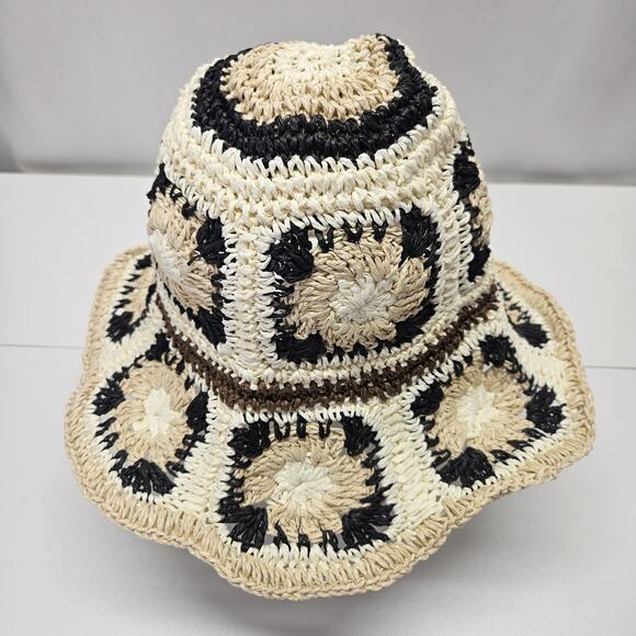 Vtg 70s Floppy Straw Bucket Hat Beach Boho Flowers Hat Grannycore Festival